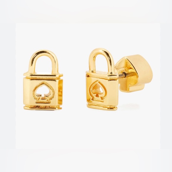 Kate Spade New York Gold Lock and Spade Studs Earrings with box & dust bag new - Picture 2 of 15